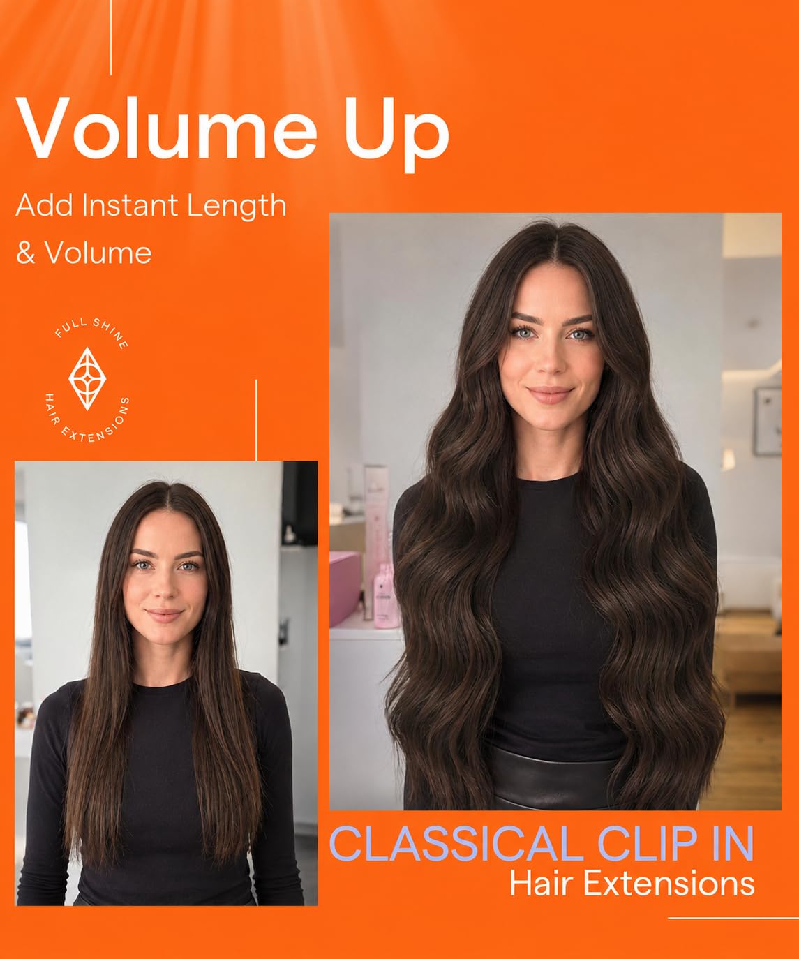 Full Shine 28 Inch Clip in Hair Extensions Dark Brown in natural light
