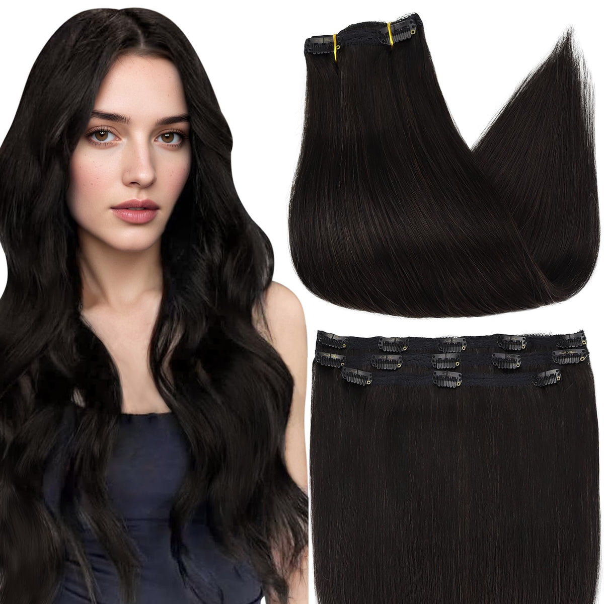 Full Shine 60g black clip-in hair extensions front view