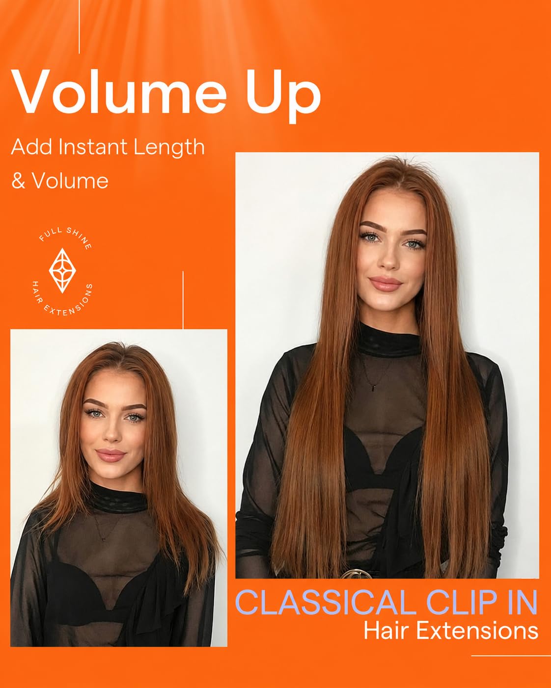Full Shine Auburn Clip-In Hair Extensions showing clips