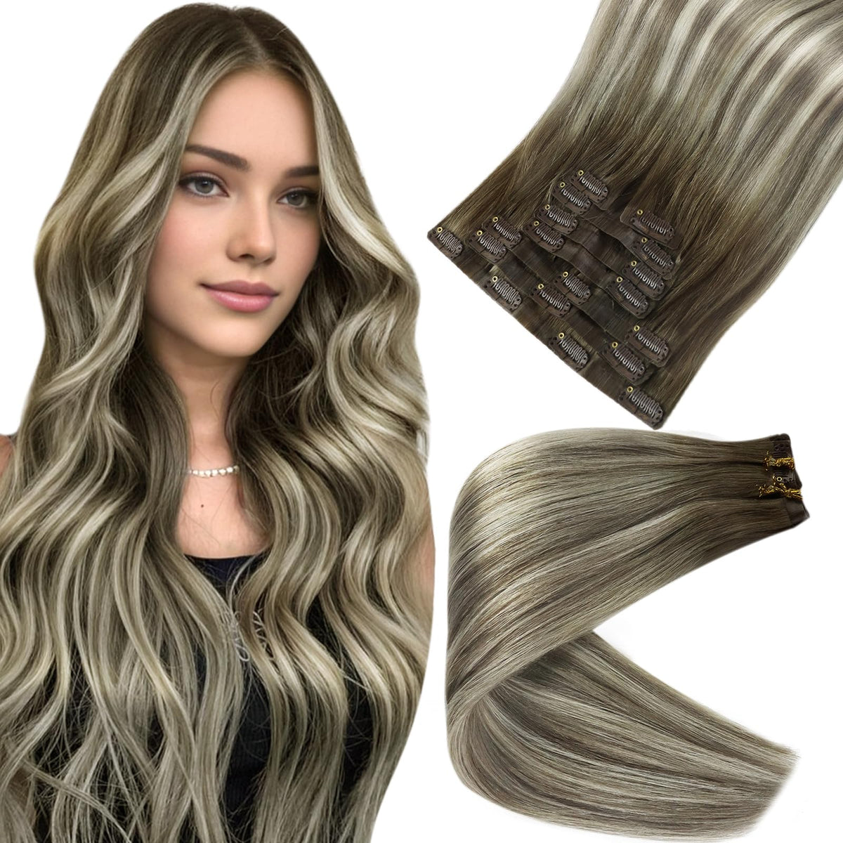 Full Shine Balayage Brown Clip-in Hair Extensions front view