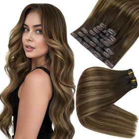 Full Shine Balayage Clip-in Hair Extensions front view showing ombre dark brown and honey blonde