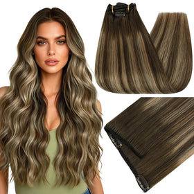 Full Shine Balayage Clip in Hair Extensions front view with medium brown to honey blonde colour