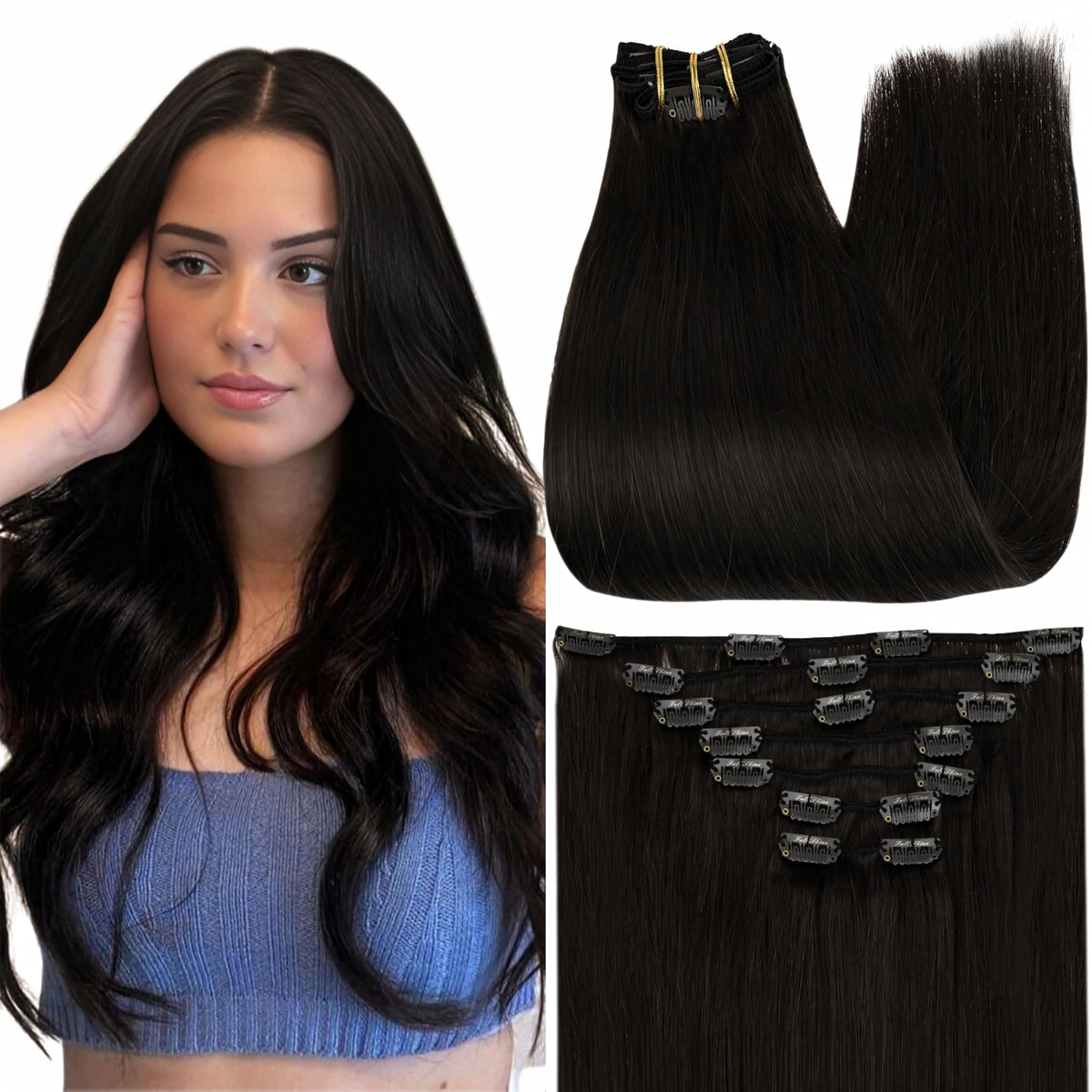 Full Shine Black Hair Extensions 200g front view