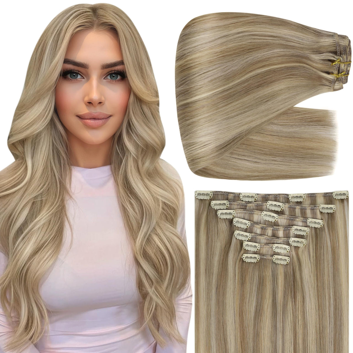 Full Shine Blonde Highlight Clip in Hair Extensions front view