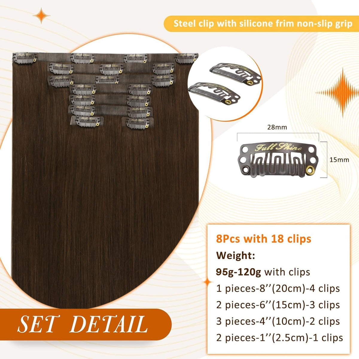 Full Shine brown hair extensions displayed in packaging