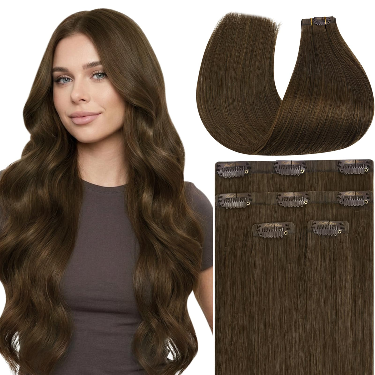 Full Shine Chestnut Brown Hair Extensions front view with PU weft