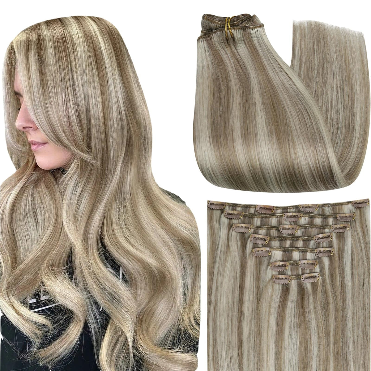Full Shine Clip in Extension Ash Blonde Highlight front view