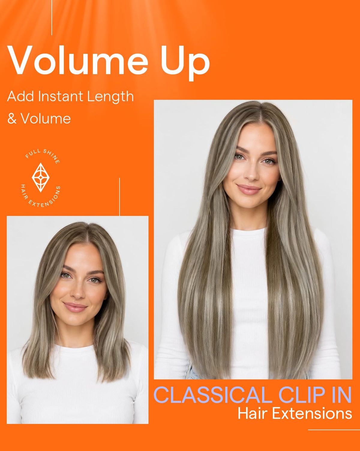 Full Shine Clip in Extension Ash Blonde Highlight styled in hair