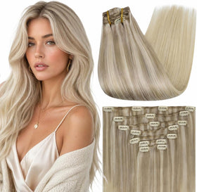 Full Shine Clip in Extensions 14 Inch Ash Blonde front view