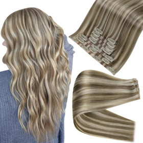 Full Shine Clip in Extensions Ash Brown Blonde Highlights front view