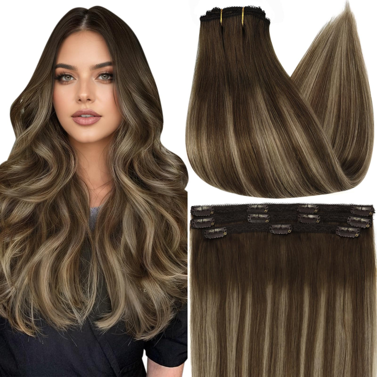 Full Shine Clip in Extensions front view with lace wefts