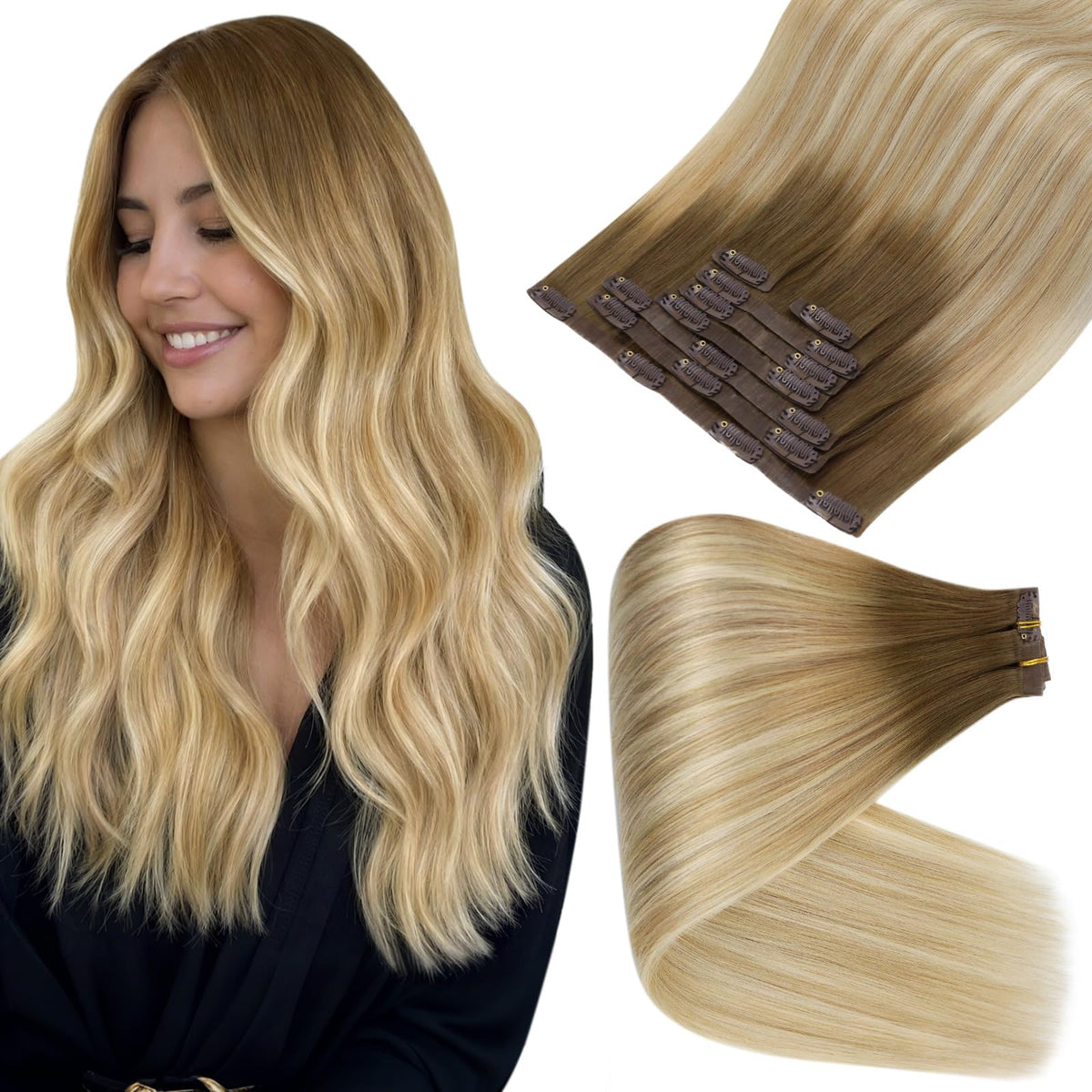 Full Shine Clip in Extensions Light Brown to Honey Blonde front view