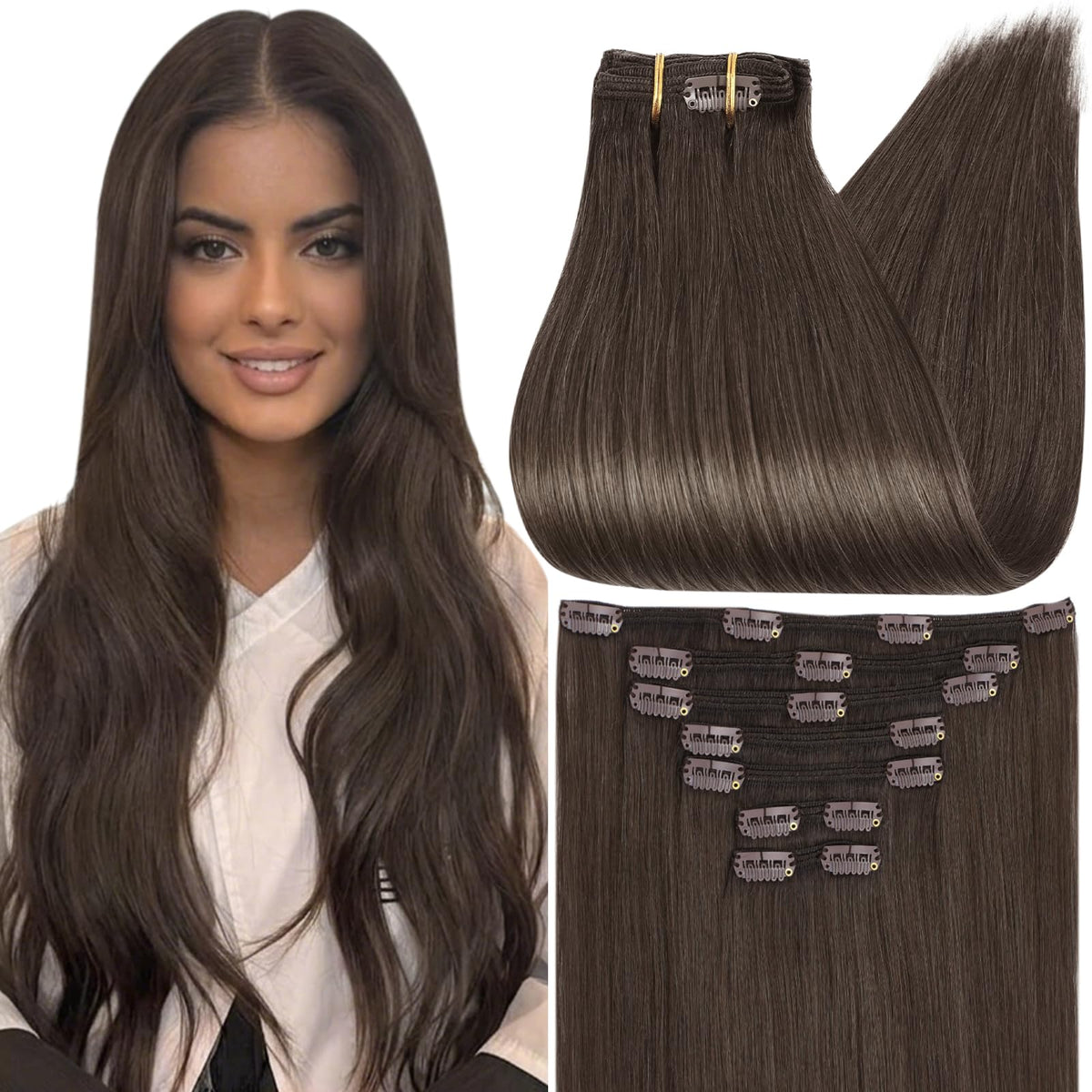 Full Shine Clip in Extensions Mocha Ash Brown front view