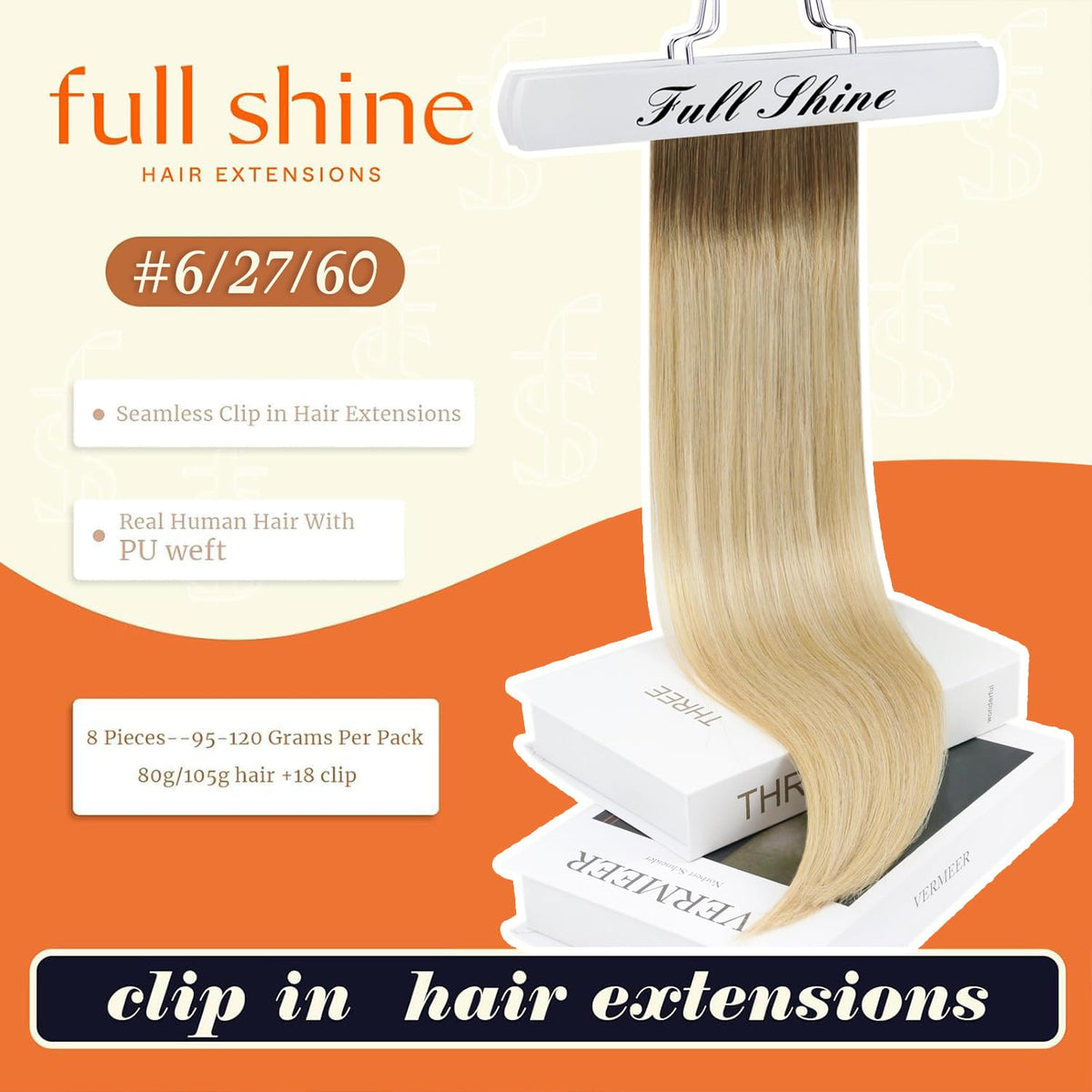 Full Shine Clip in Extensions packaging with colour swatches