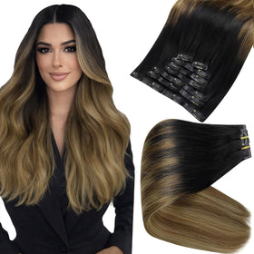Full Shine Clip-in Hair Extensions 12 Inch Balayage 1B/6/27 front view