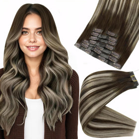 Full Shine Clip In Hair Extensions 12 Inch dark brown balayage front view