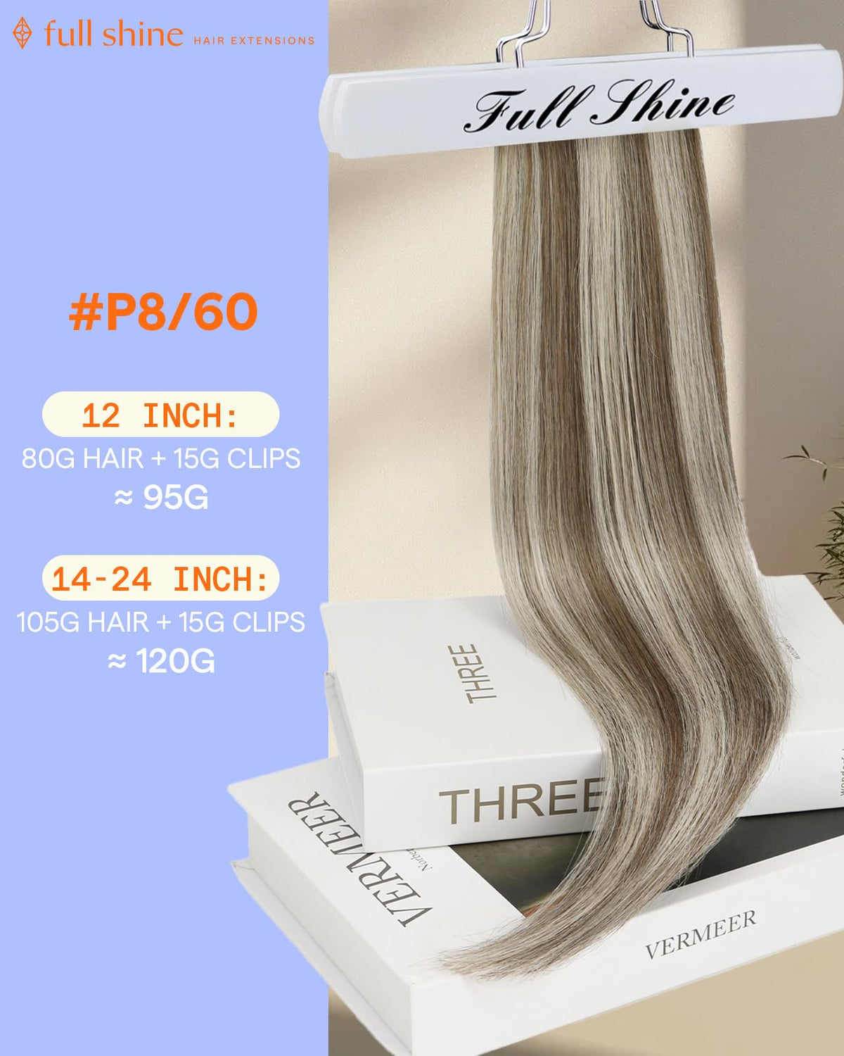 Full Shine Clip-In Hair Extensions 12 Inch Light Ash Brown Blonde back view