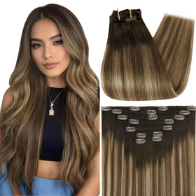 Full Shine Clip in Hair Extensions 16 Inch Brown Balayage front view