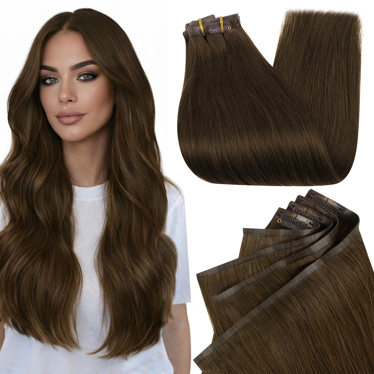 Full Shine Clip-In Hair Extensions 16 Inch Medium Brown front view