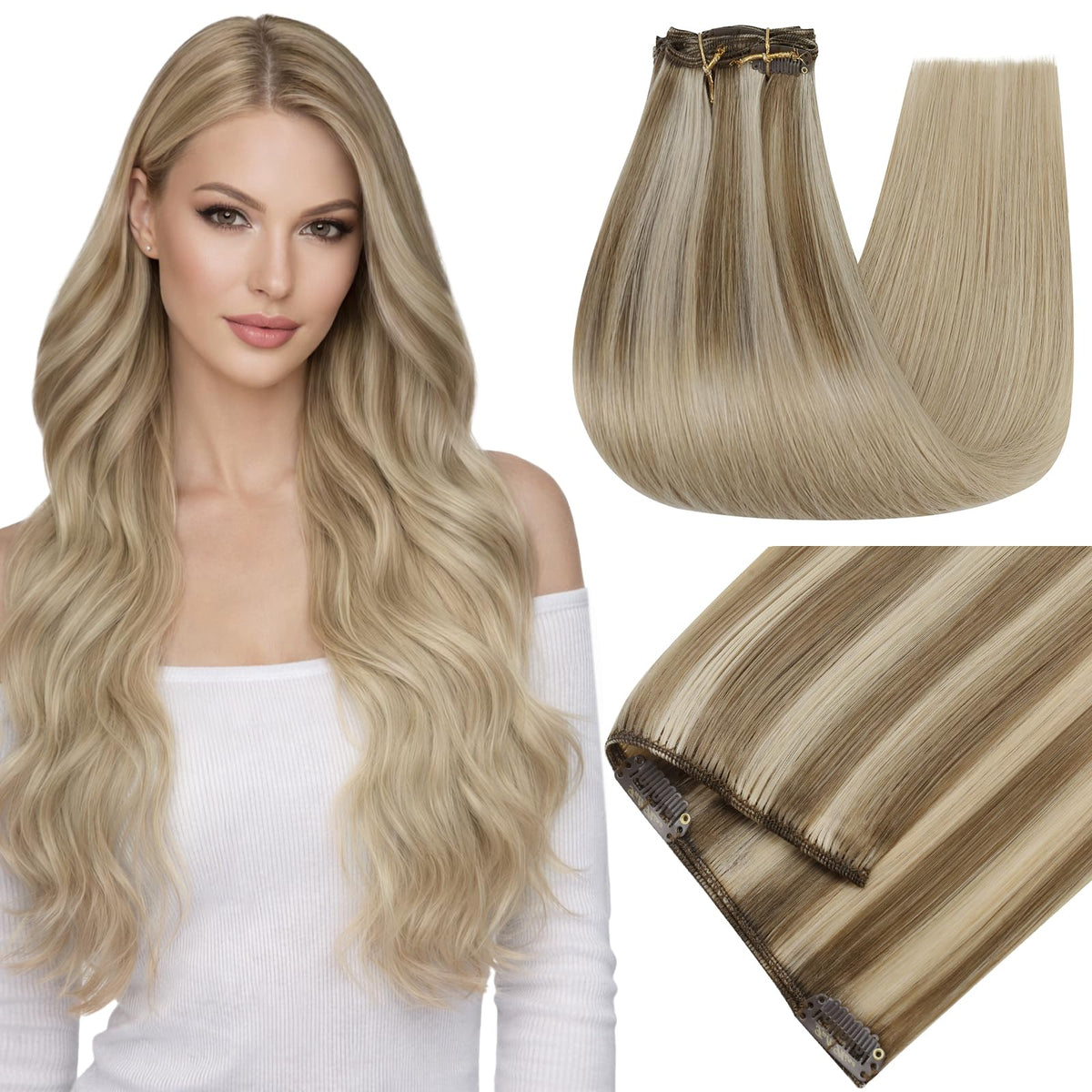 Full Shine Clip-In Hair Extensions 18 Inch in ash blonde with highlights