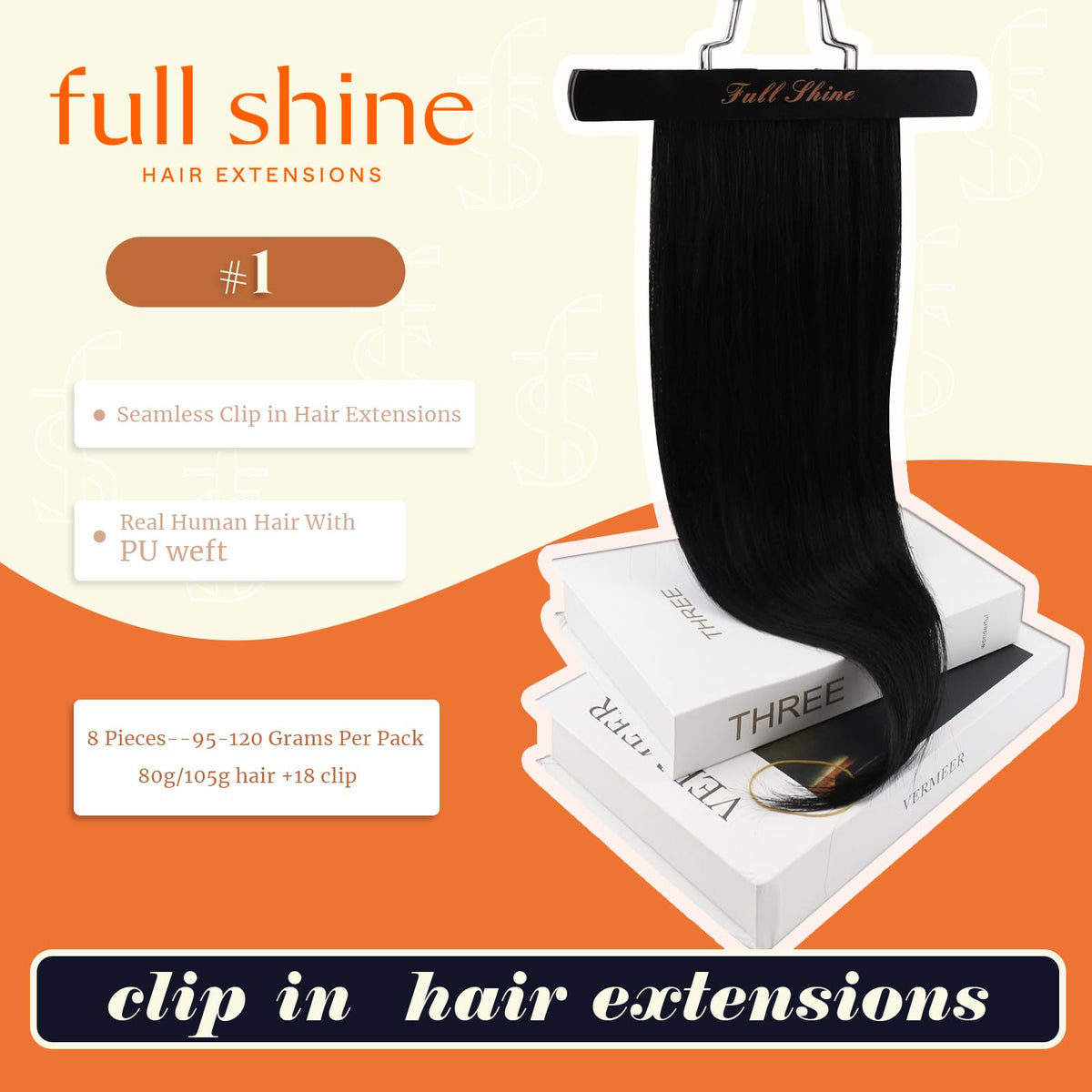 Full Shine Clip In Hair Extensions 18 Inch Jet Black packaging
