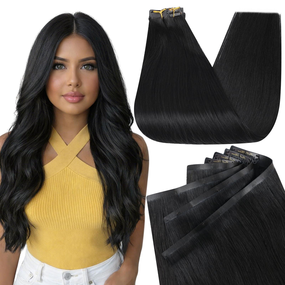 Full Shine Clip In Hair Extensions 18 Inch Natural Black front view
