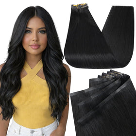 Full Shine Clip In Hair Extensions 18 Inch Natural Black front view
