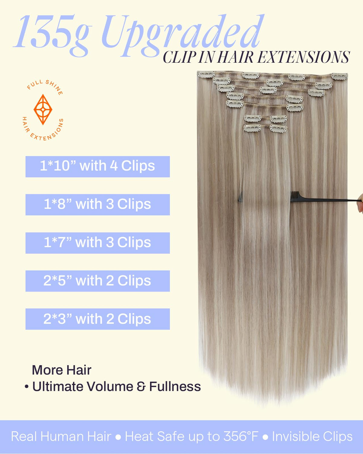 Full Shine Clip in Hair Extensions 18 Inch showing colour options