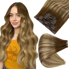 Full Shine Clip-In Hair Extensions 20 Inch Balayage Brown Ombre front view