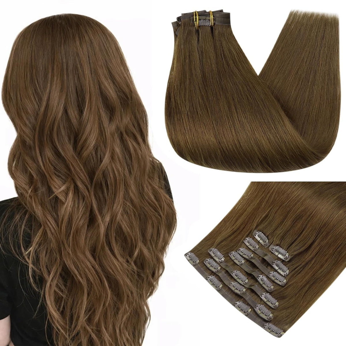 Full Shine Clip in Hair Extensions 20 Inch brown model front view