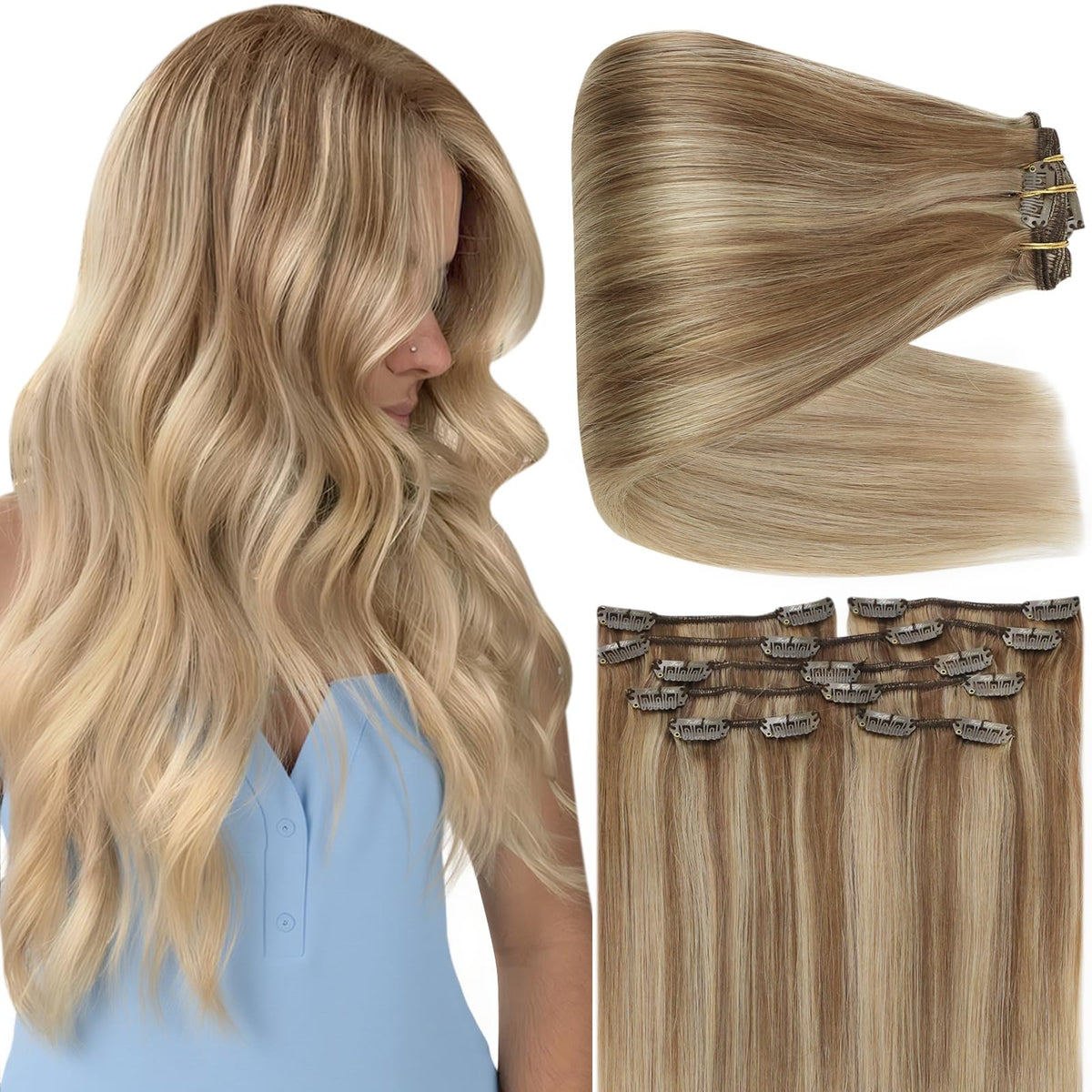 Full Shine Clip in Hair Extensions 20 Inch Golden Brown and Blonde Highlights