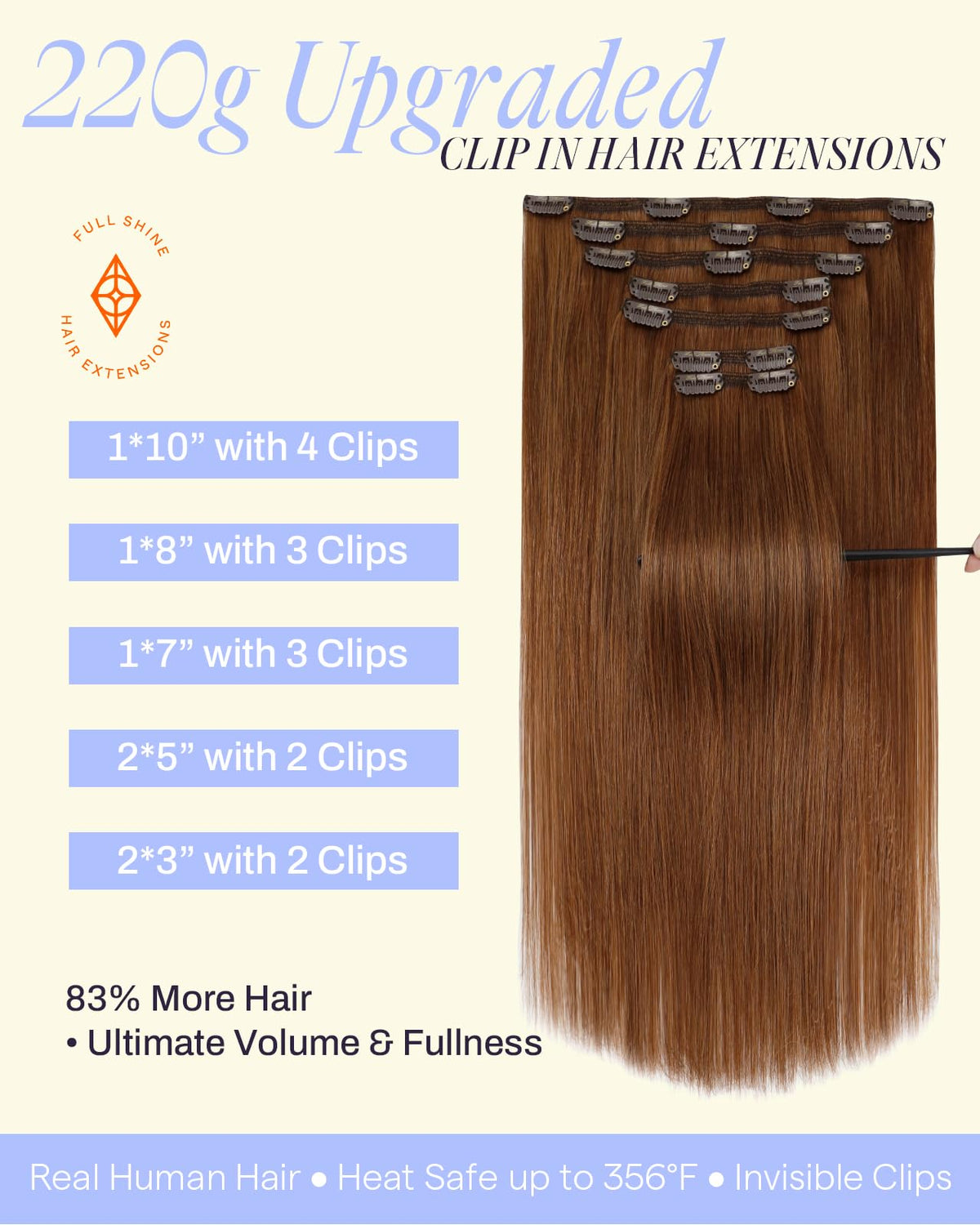 Full Shine Clip in Hair Extensions 22 Inch Auburn packaging