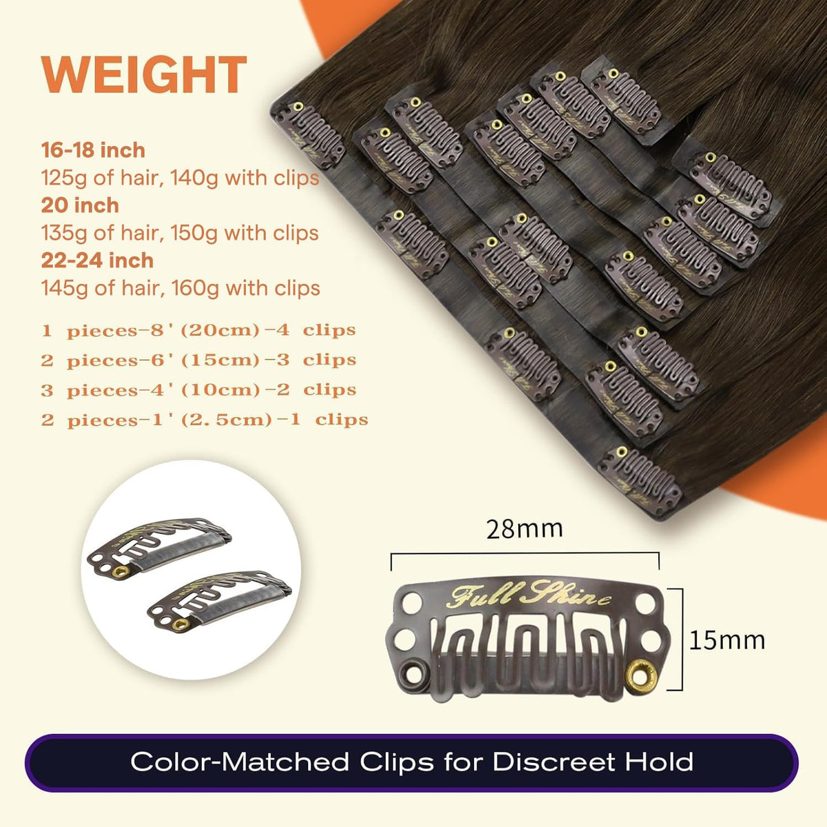 Full Shine Clip in Hair Extensions 22 Inch Dark Brown close-up of clips