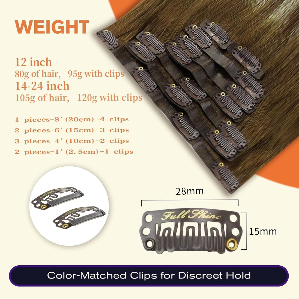 Full Shine Clip in Hair Extensions 22 Inch displayed with styling options