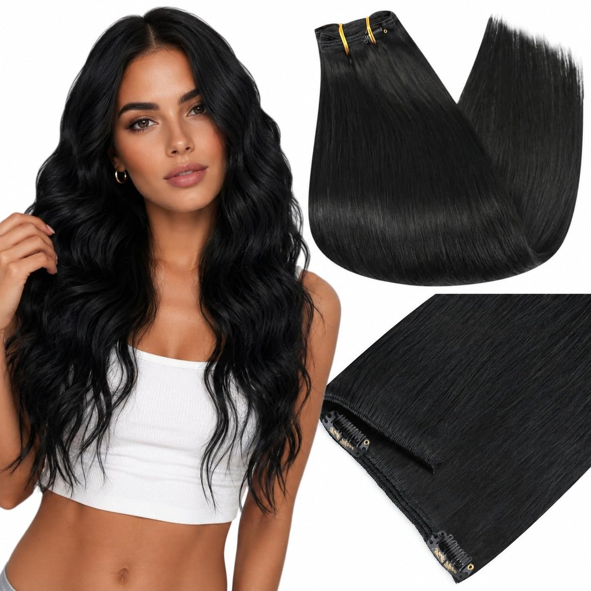Full Shine Clip in Hair Extensions 26 Inch Jet Black front view