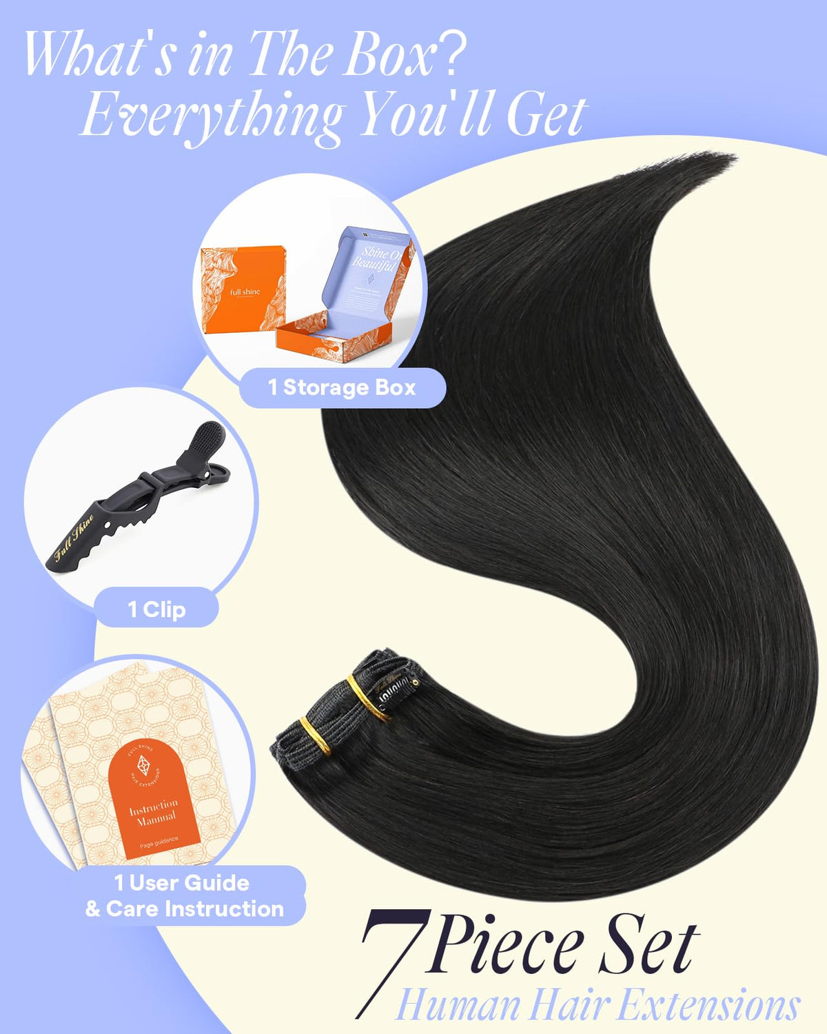 Full Shine Clip-In Hair Extensions 28 Inch Natural Black in natural light