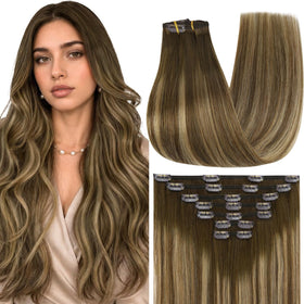 Full Shine Clip in Hair Extensions 7-piece set with caramel balayage