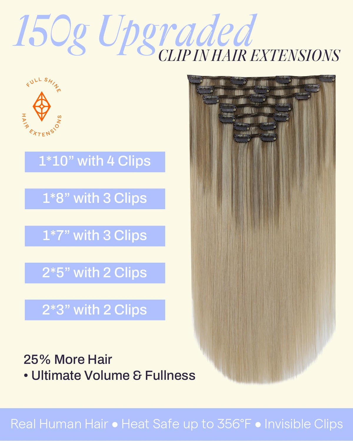 Full Shine Clip-in Hair Extensions 7 pieces displayed