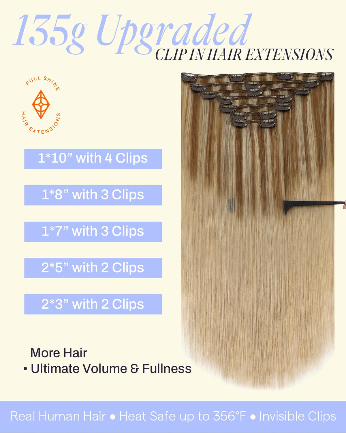 Full Shine Clip in Hair Extensions 7 pieces set with various lengths