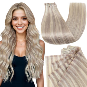 Full Shine Clip in Hair Extensions Ash Blonde Highlights front view