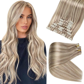 Full Shine Clip In Hair Extensions Ash Blonde Highlights front view