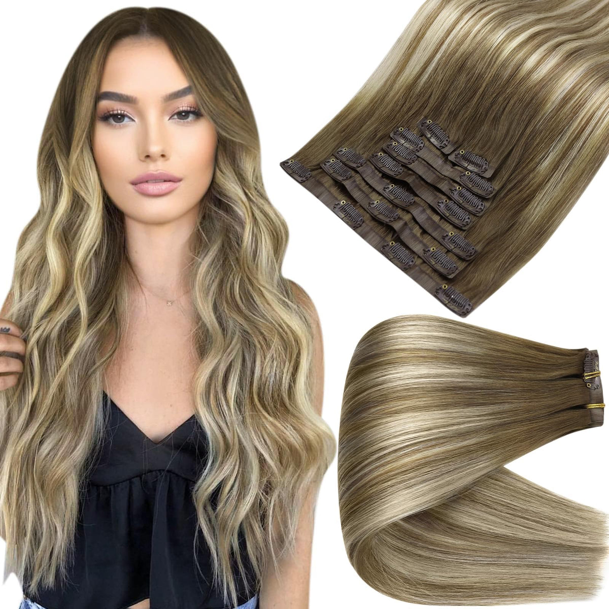 Full Shine Clip-In Hair Extensions Ash Brown to Platinum Blonde front view