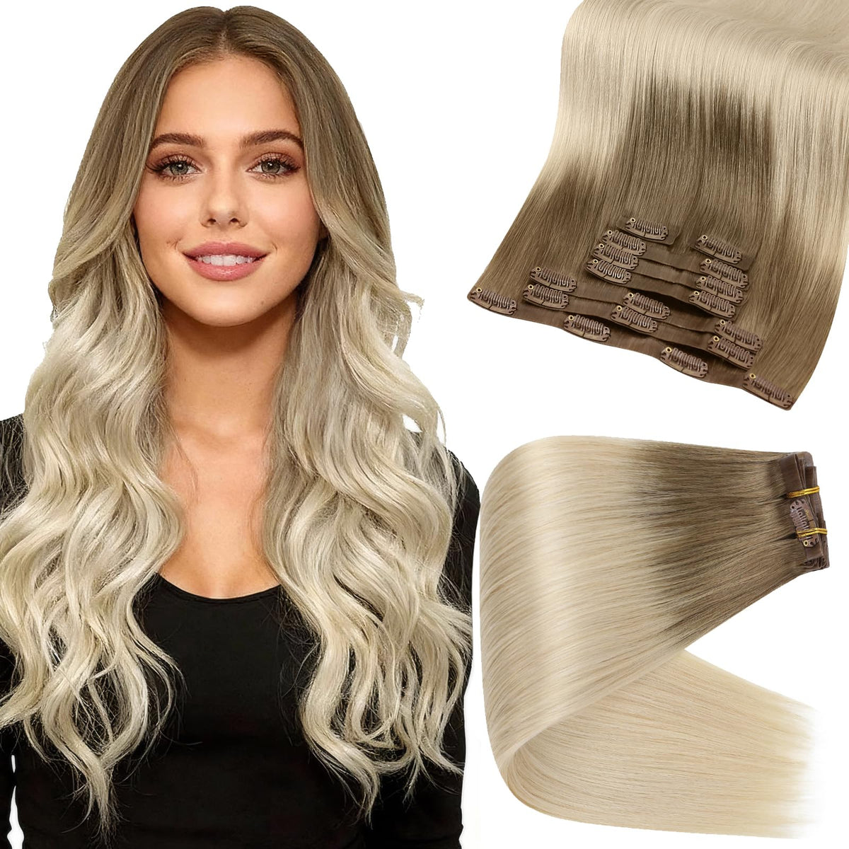 Full Shine Clip-in Hair Extensions Ash Brown to Platinum Blonde front view
