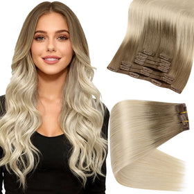 Full Shine Clip-in Hair Extensions Ash Brown to Platinum Blonde front view