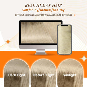 Full Shine Clip in Hair Extensions Ash Brown to Platinum Blonde with clips visible
