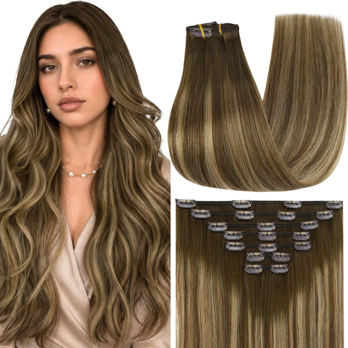 Full Shine Clip in Hair Extensions Balayage #4/24/4 pack front view