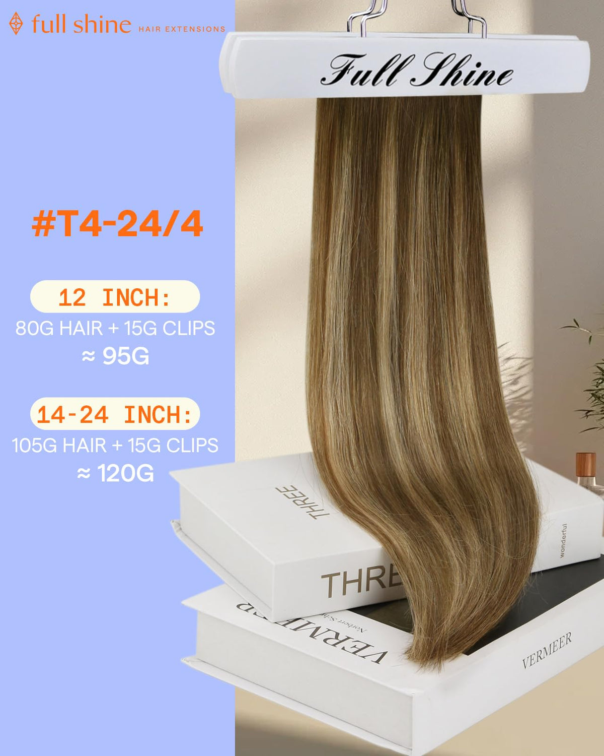 Full Shine Clip-In Hair Extensions Balayage #4/24/4 side view