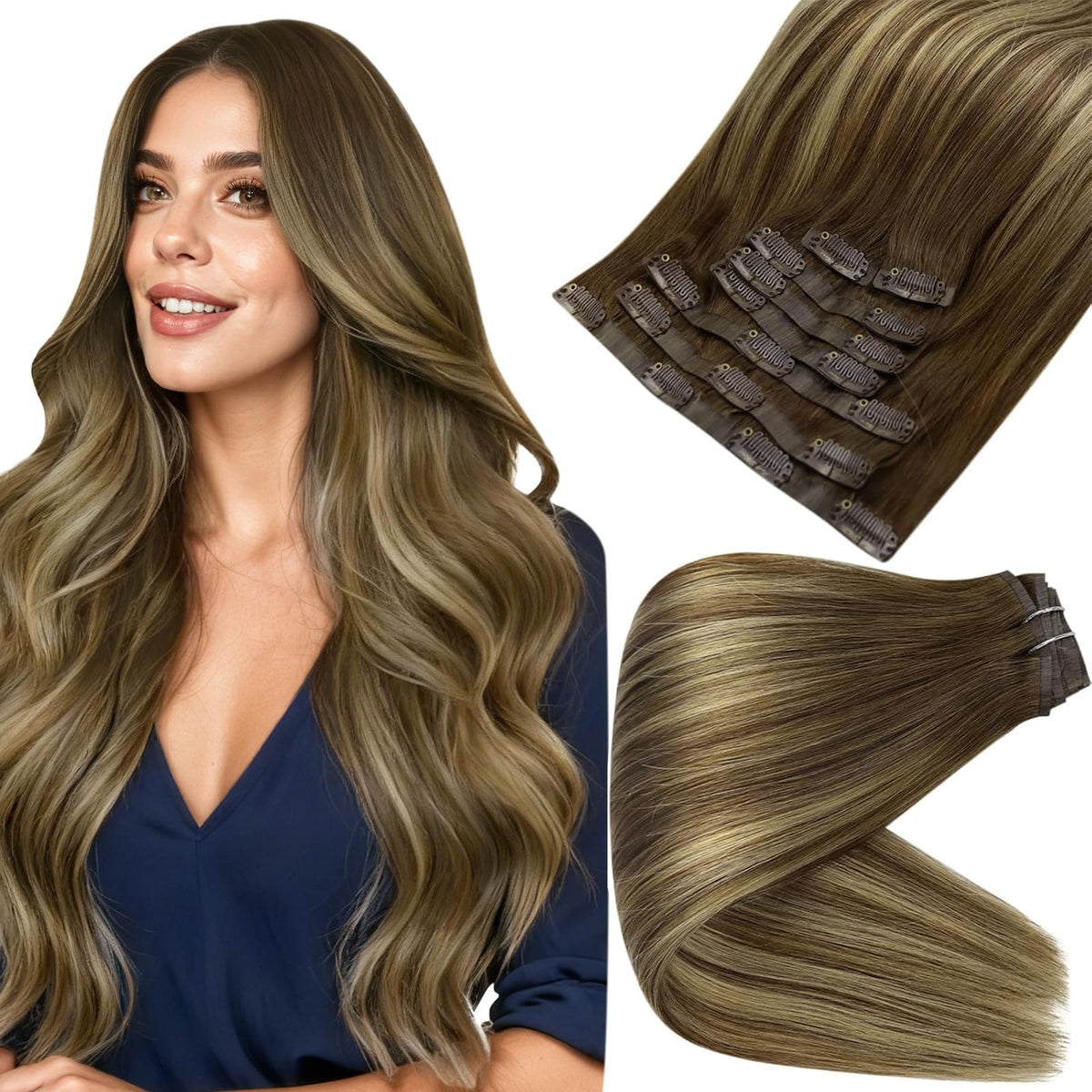 Full Shine Clip-In Hair Extensions Balayage Brown front view