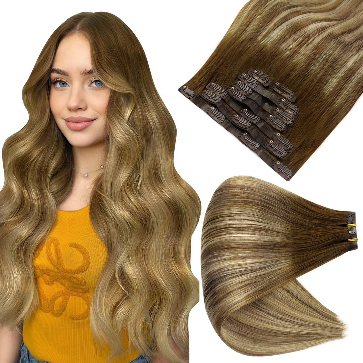 Full Shine Clip-in Hair Extensions Balayage Brown Ombre front view