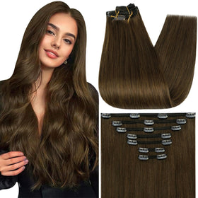 Full Shine Clip in Hair Extensions brown model front view